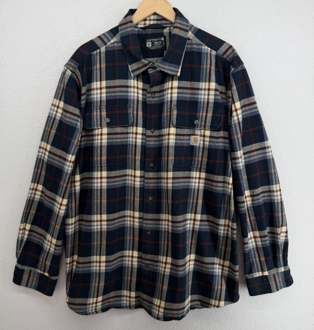CARHARTT Shirt Mens XL Loose Fit Heavyweight Flannel Long Sleeve Plaid Blue
